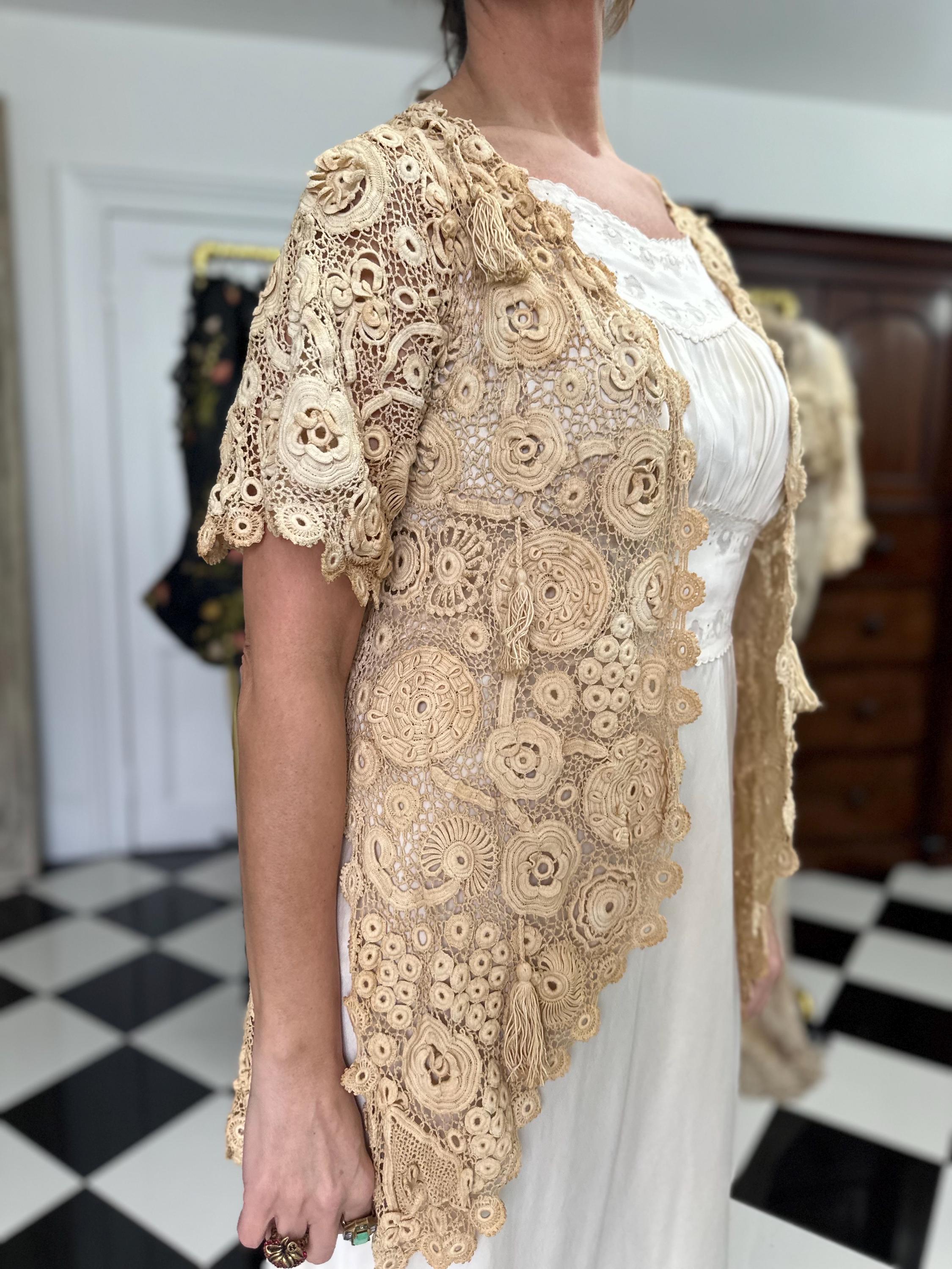 Vintage Irish Crochet Long Jacket Cardigan Intricate Handcrafted Beauty