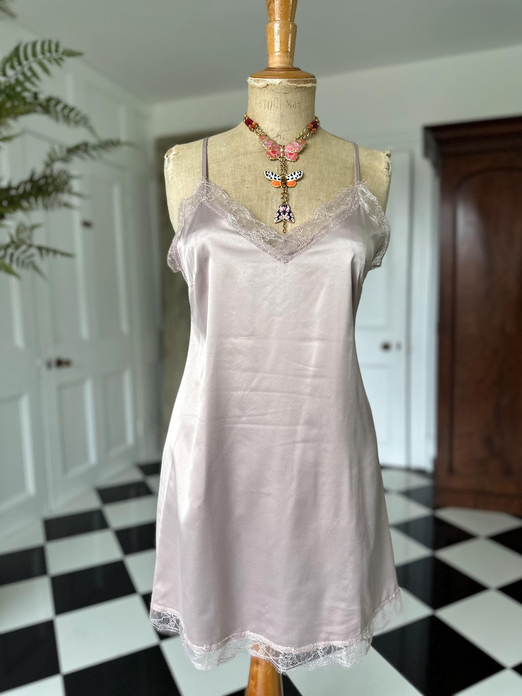 Vintage silk satin slip dress with eyelash lace trim dusty rose mauve lingerie slip