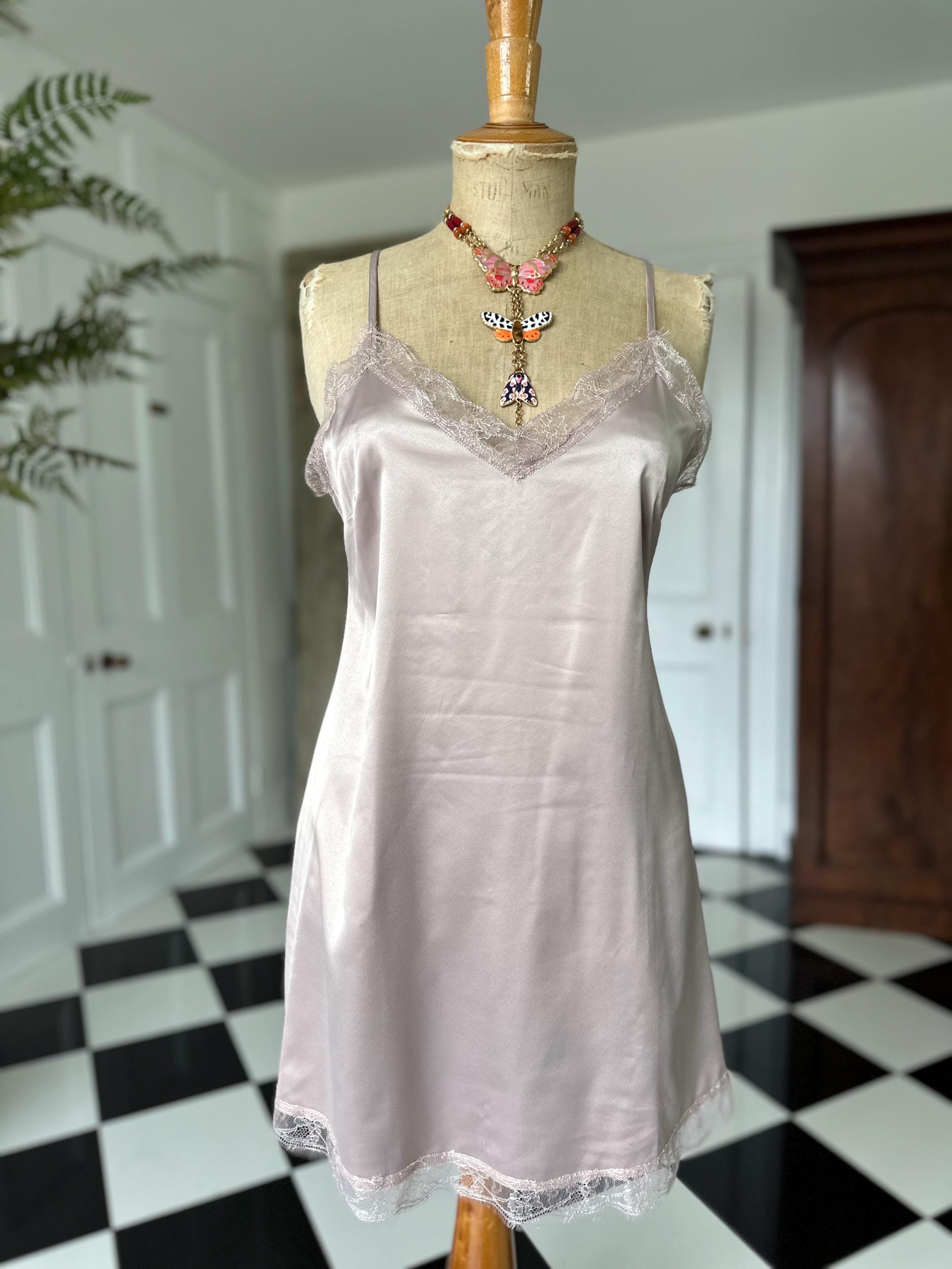Vintage silk satin slip dress with eyelash lace trim dusty rose mauve lingerie slip