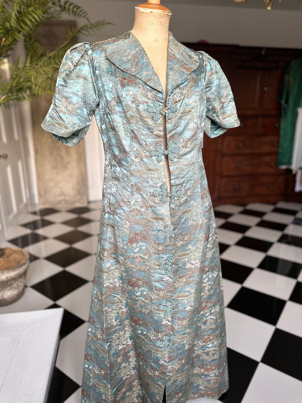 1930s Duck egg blue Silk Chinese robe house coat