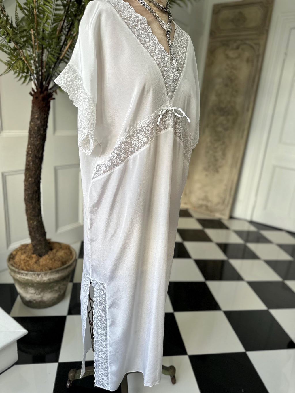 1970s silky white dress with lace trimming