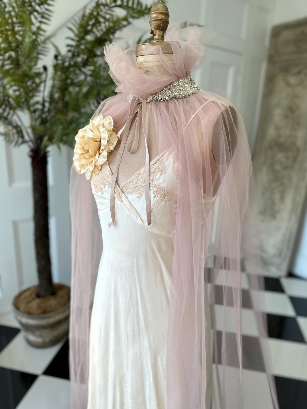 Handmade Vintage embellished soft Tulle Cape in old rose pink