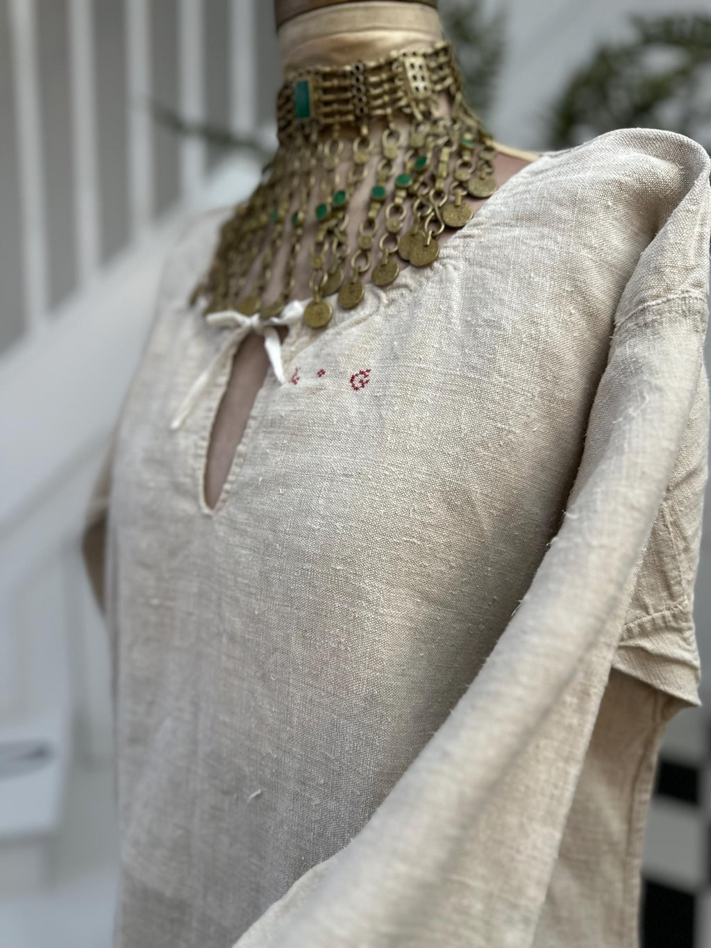 French 1800s hemp linen rustic farmers shirt smock dress