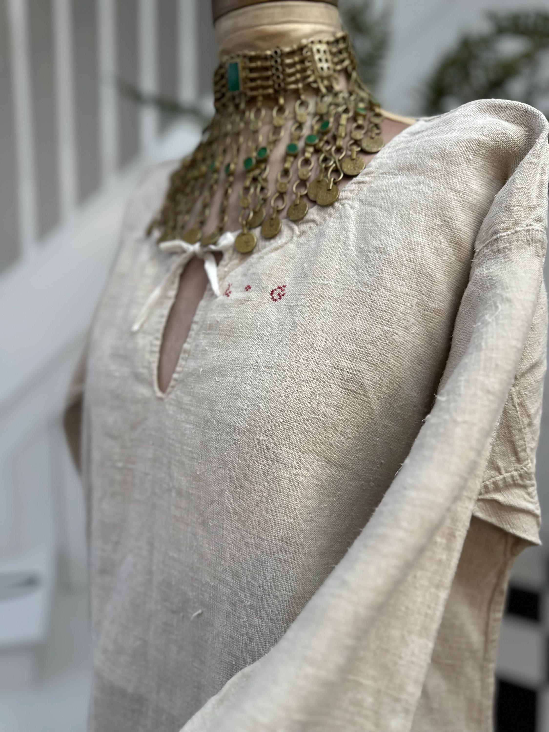 French 1800s hemp linen rustic farmers shirt smock dress