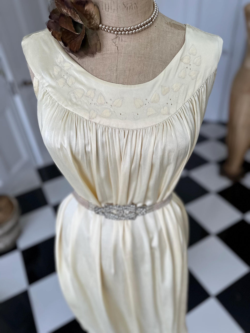 1940s boat neck  buttercup cream smock style silk slip with hand embroidery