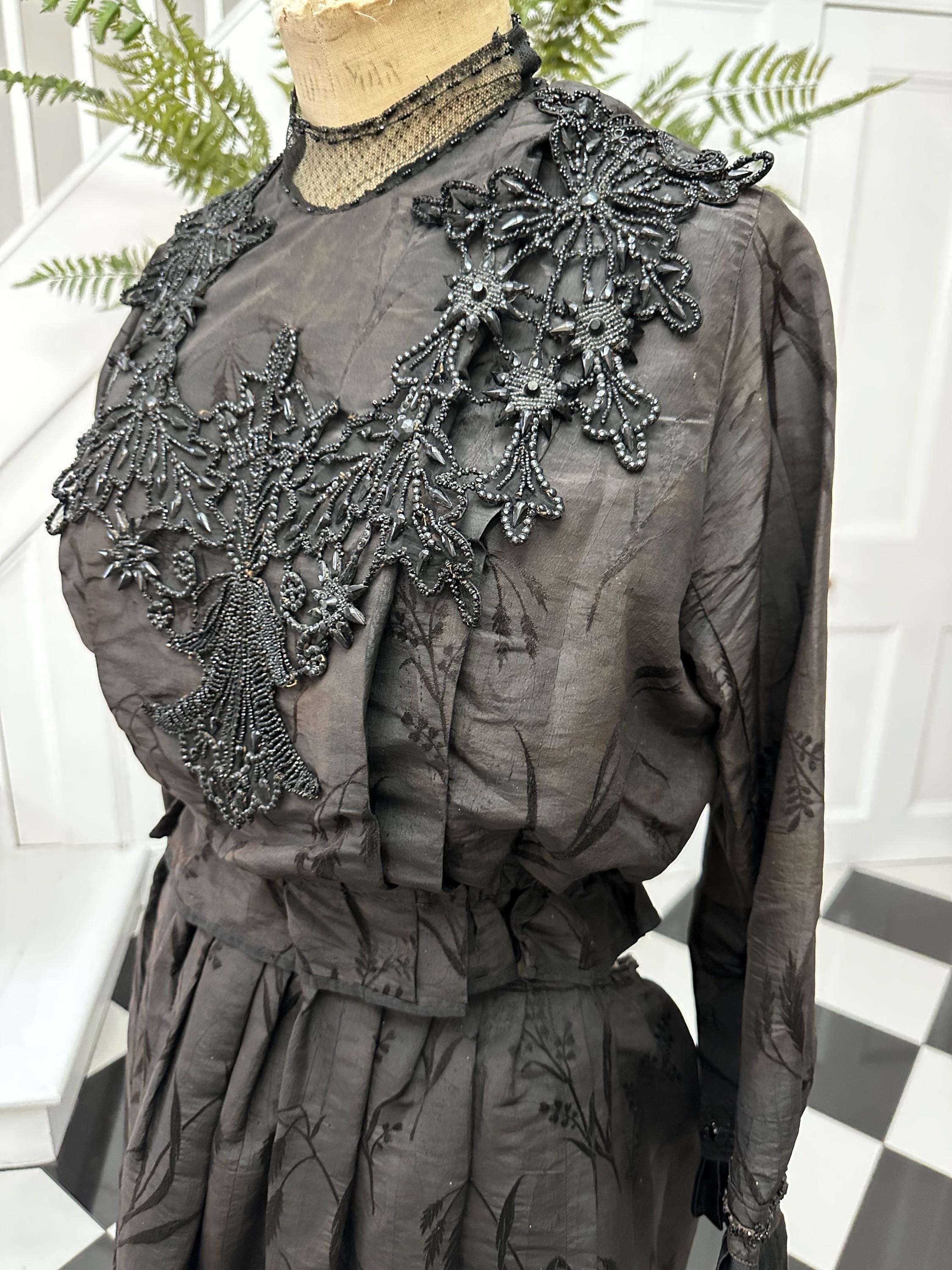 1890s  Victorian black silk embellished bodice and skirt