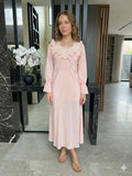 Vintage 1940s Pink Rayon Maxi Dress – Lace Ruffle Bodice, Victorian Sleepwear Gown