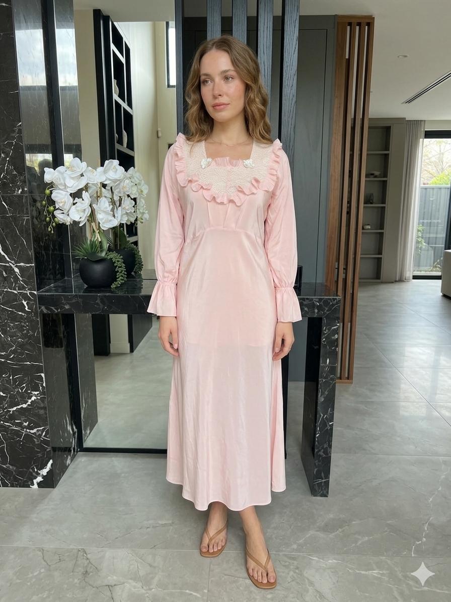 Vintage 1940s Pink Rayon Maxi Dress – Lace Ruffle Bodice, Victorian Sleepwear Gown