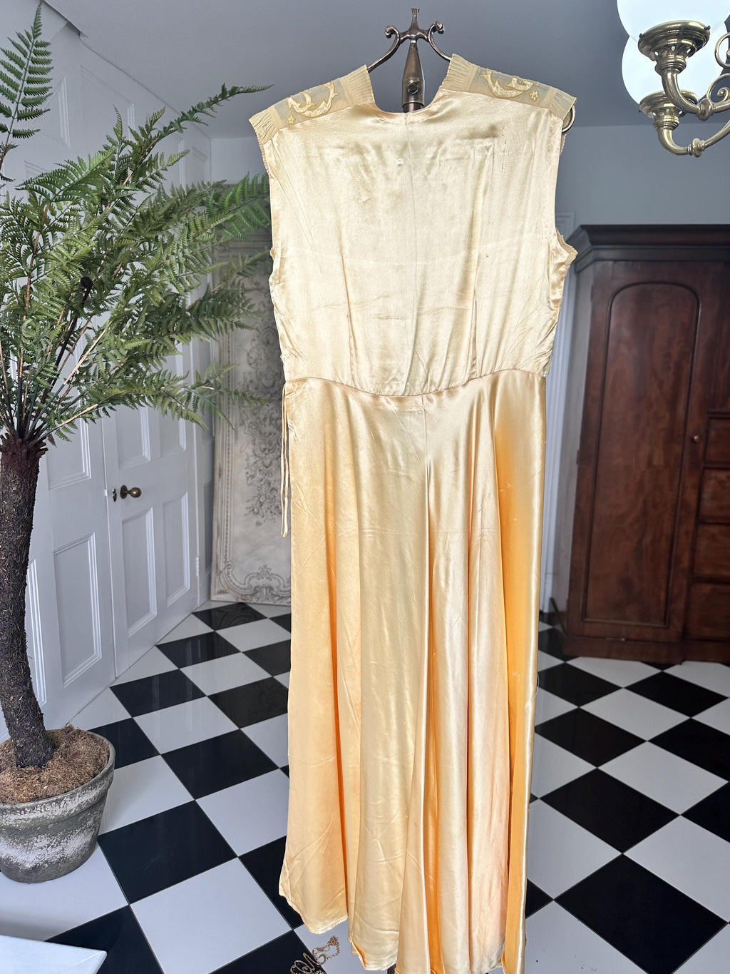 Vintage 1930s yellow Liquid Silk  Hand-Embroidered Charmeuse Bias Cut Gown slip dress