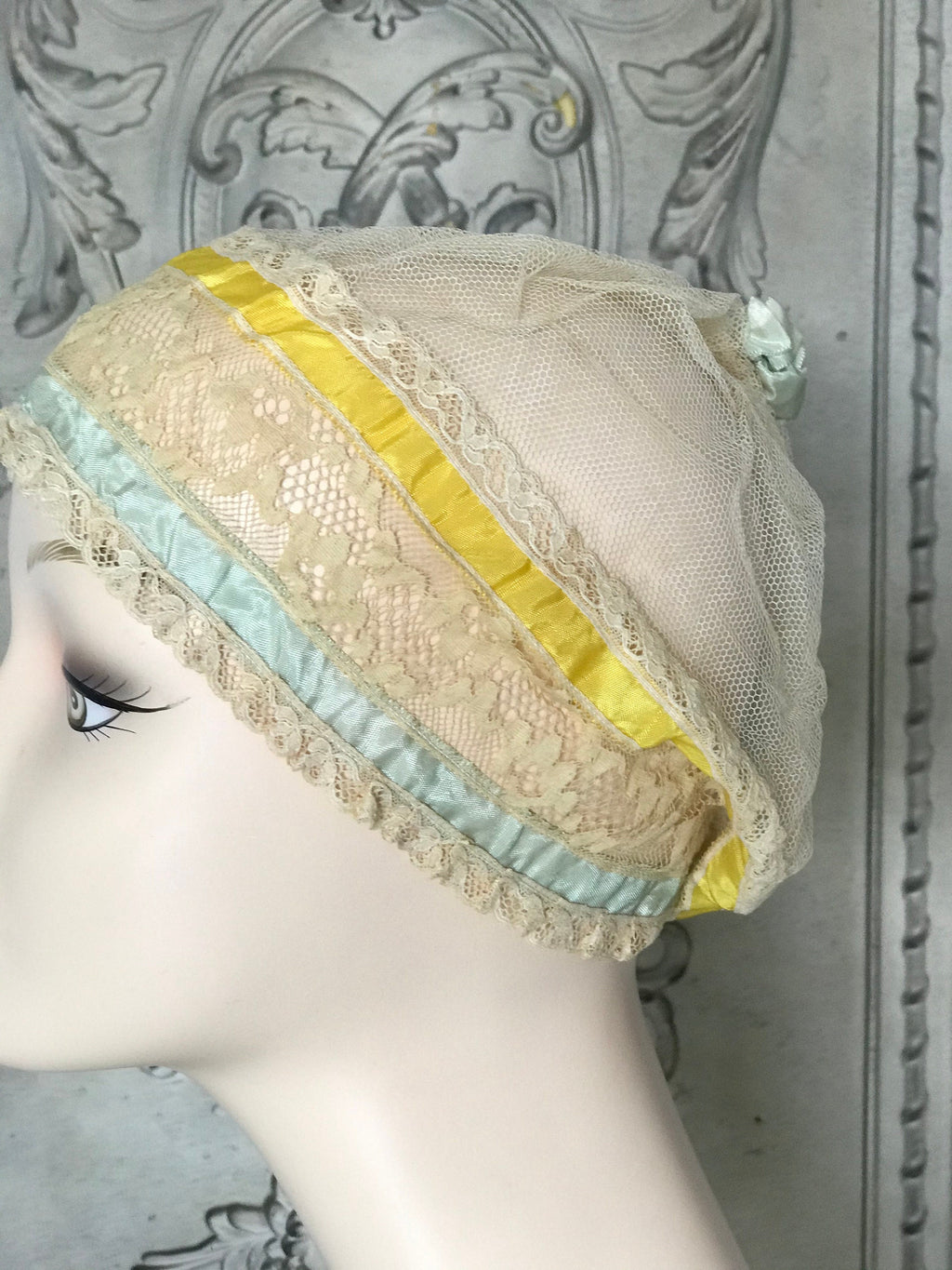 1920s tulle and silk ribbon boudoir bonnet hat