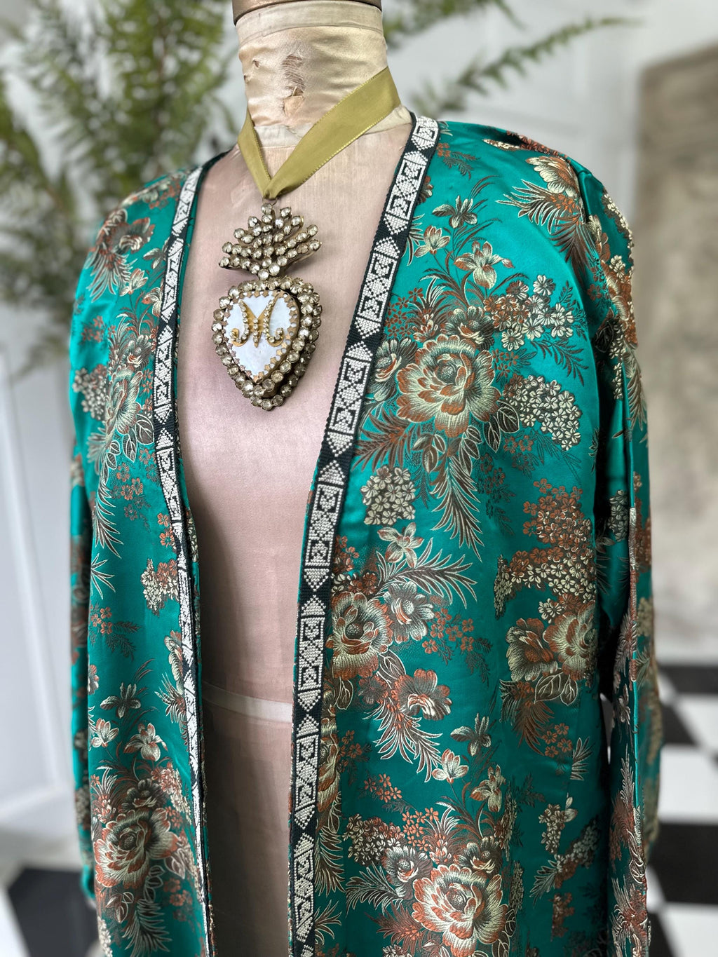 Antique Brocade Emerald Green Robe from the 1900s