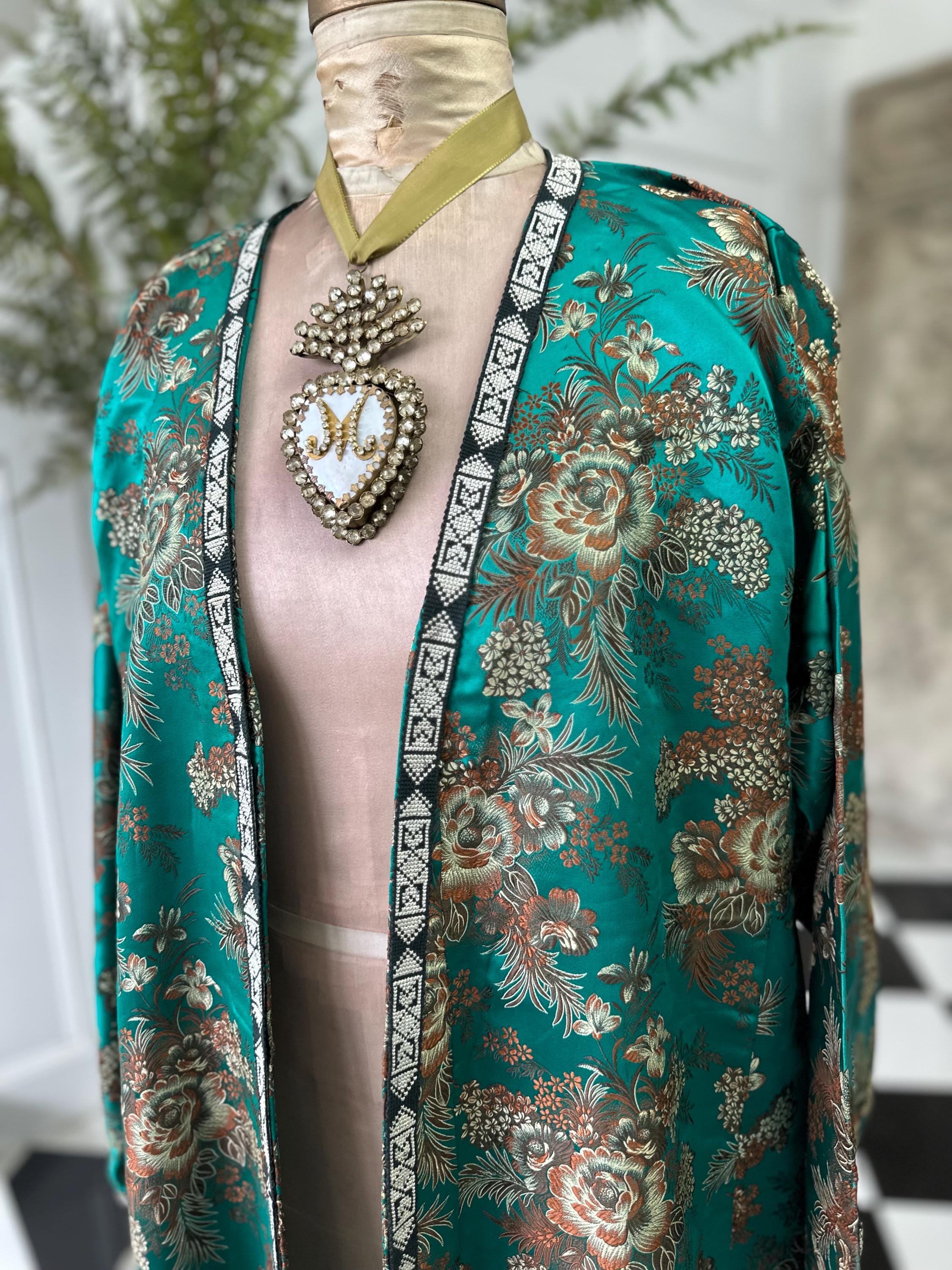 Antique Brocade Emerald Green Robe from the 1900s