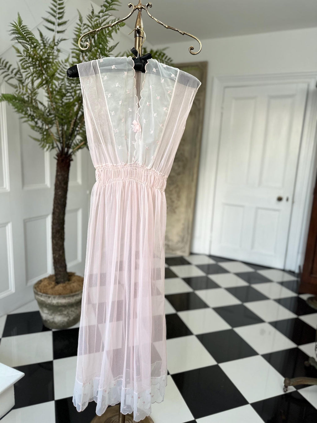 1970s Vintage baby pink sheer long negligee slip dress