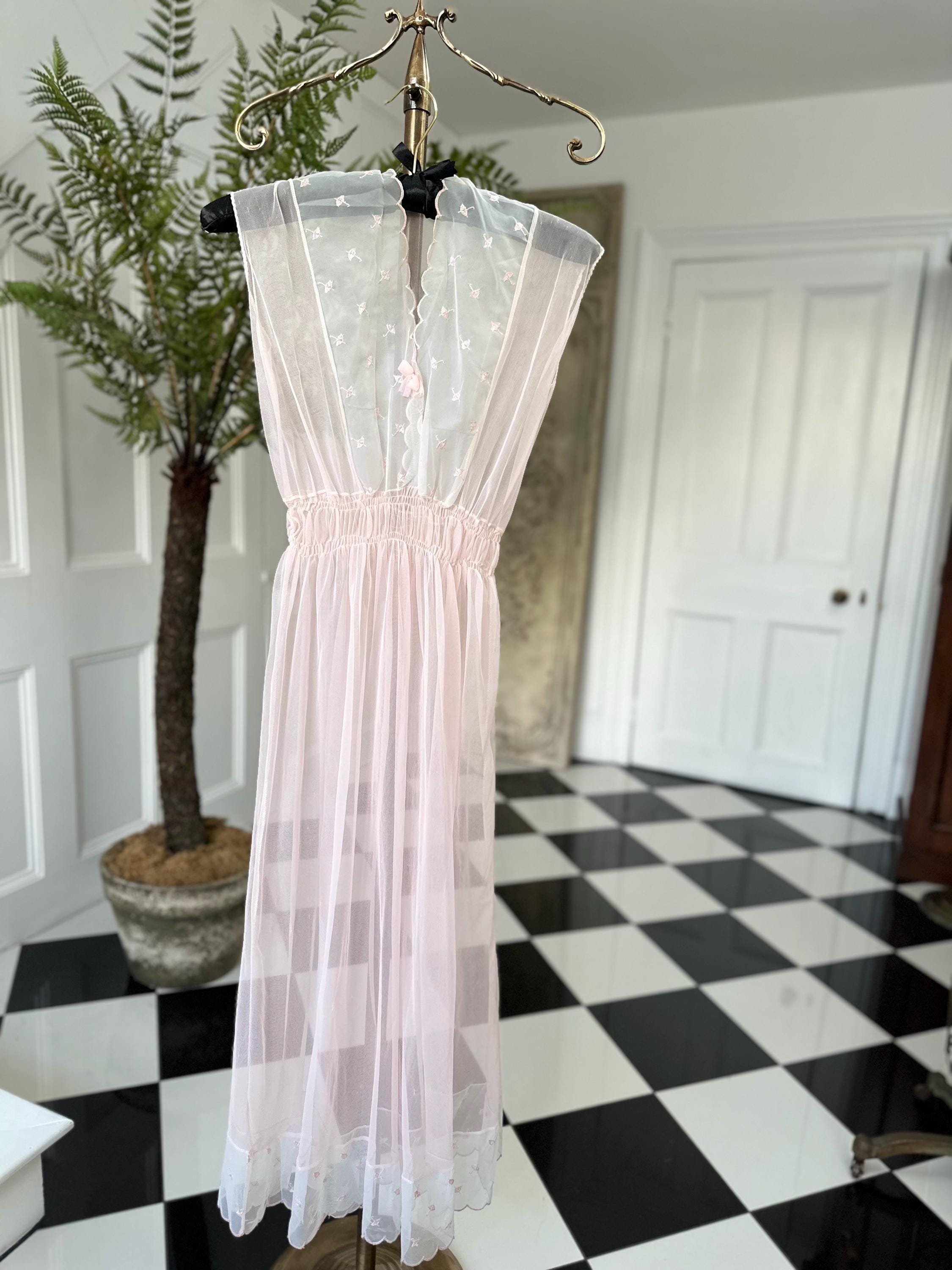 1970s Vintage baby pink sheer long negligee slip dress