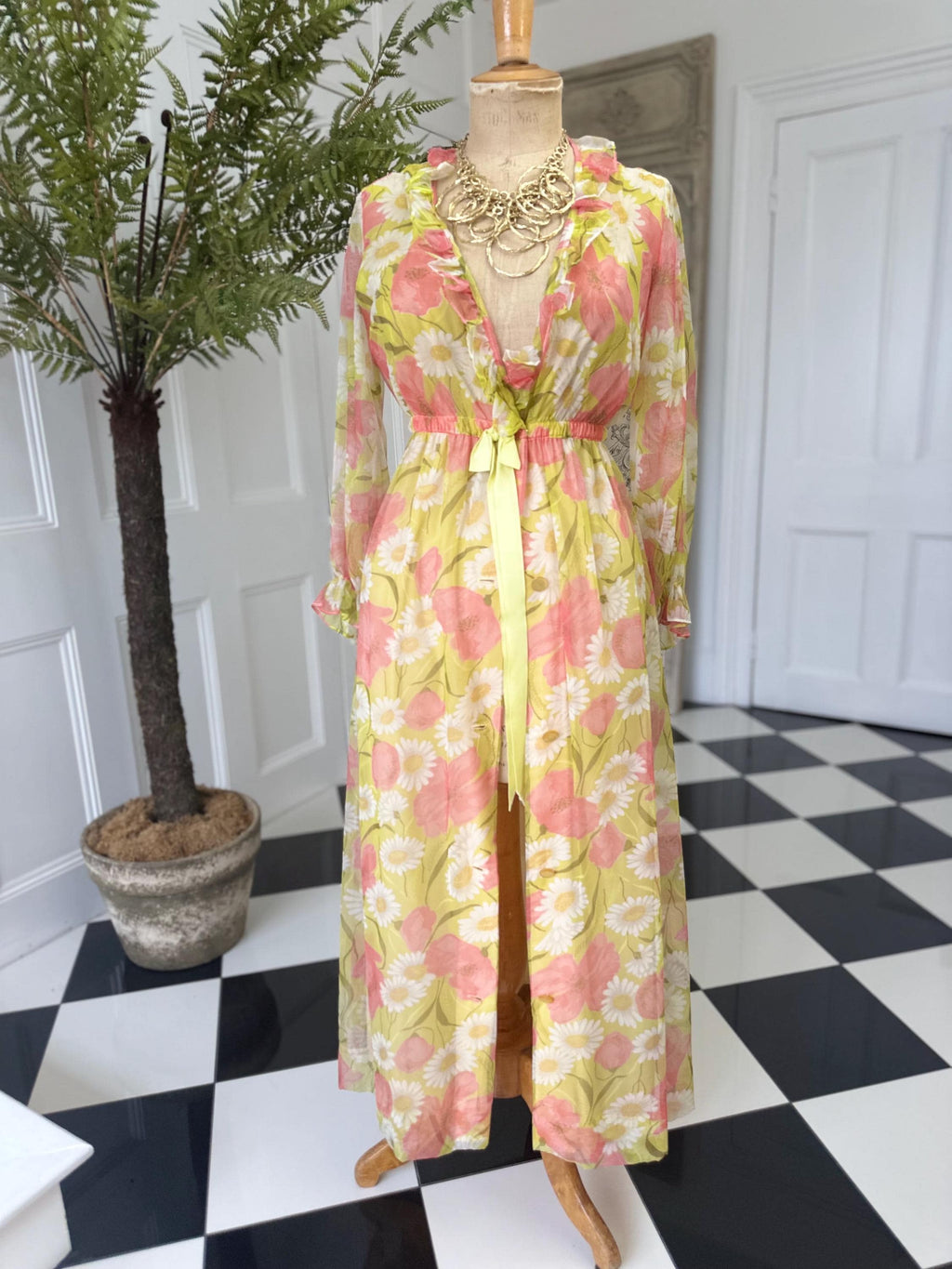 Vintage 1970s floral pink and yellow and green maxi dress with ruffle collar