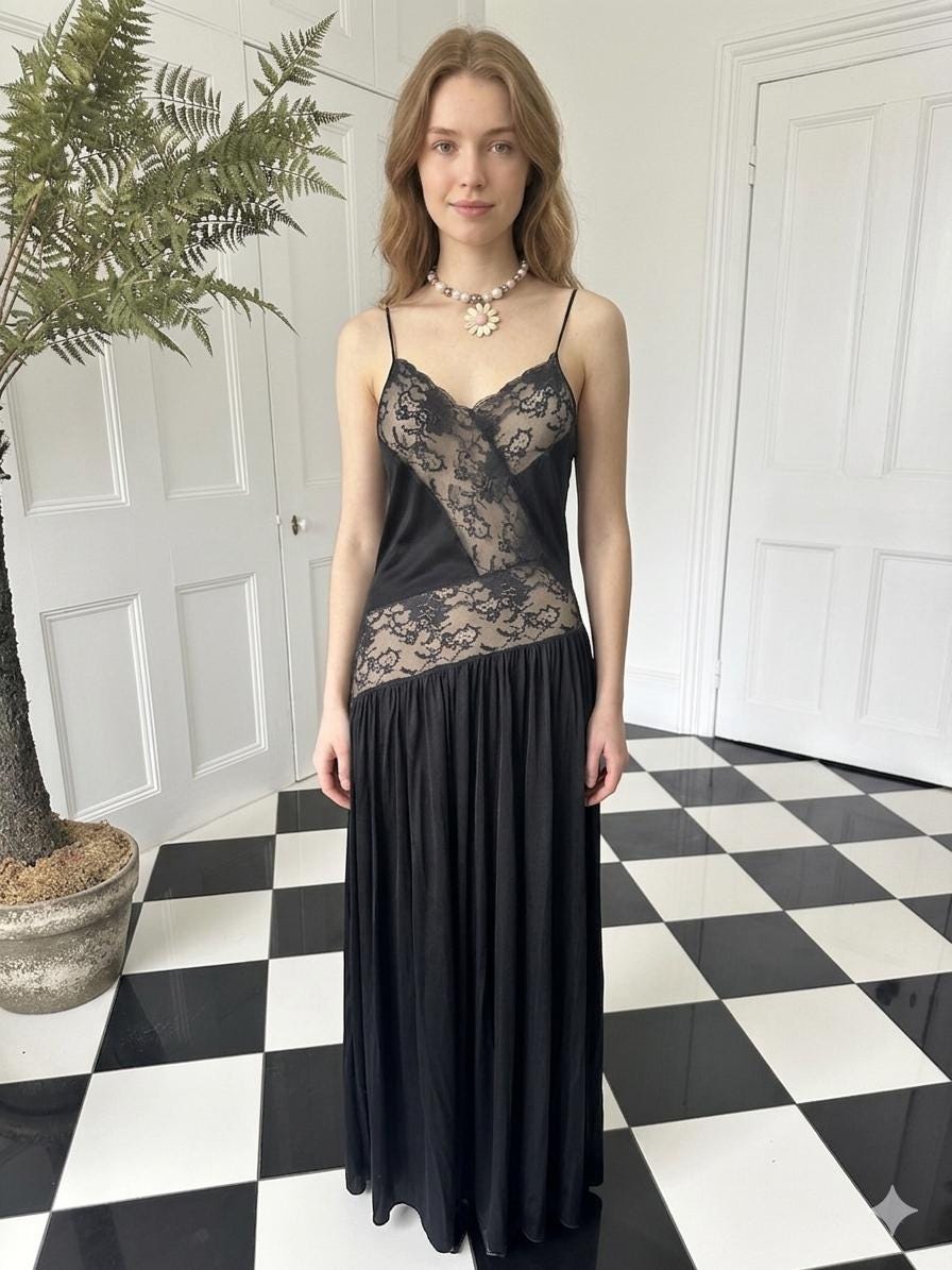 Vintage 1950 black lace slip dress lingerie