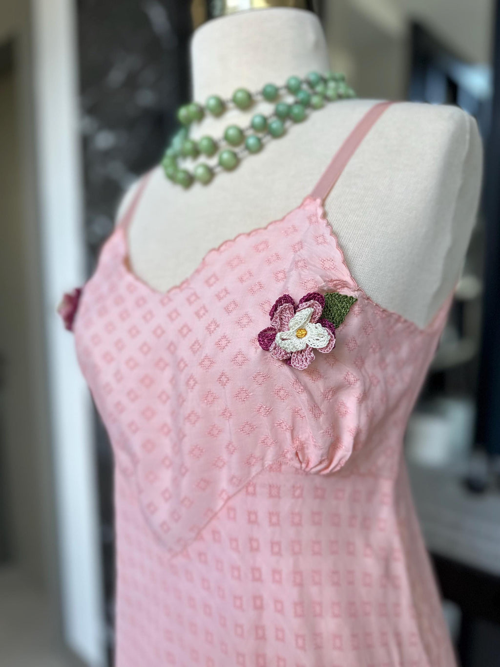 1930s Dreamy Pink Silk Slip Dress – 3D crochet Rosettes