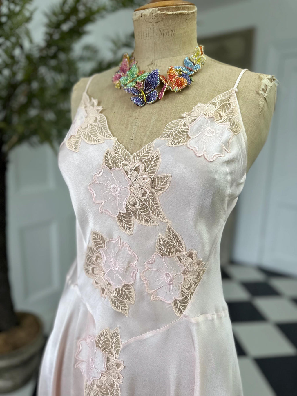 Vintage Pink Mini Silk Slip with Lace - Sexy Front Split with thin Straps