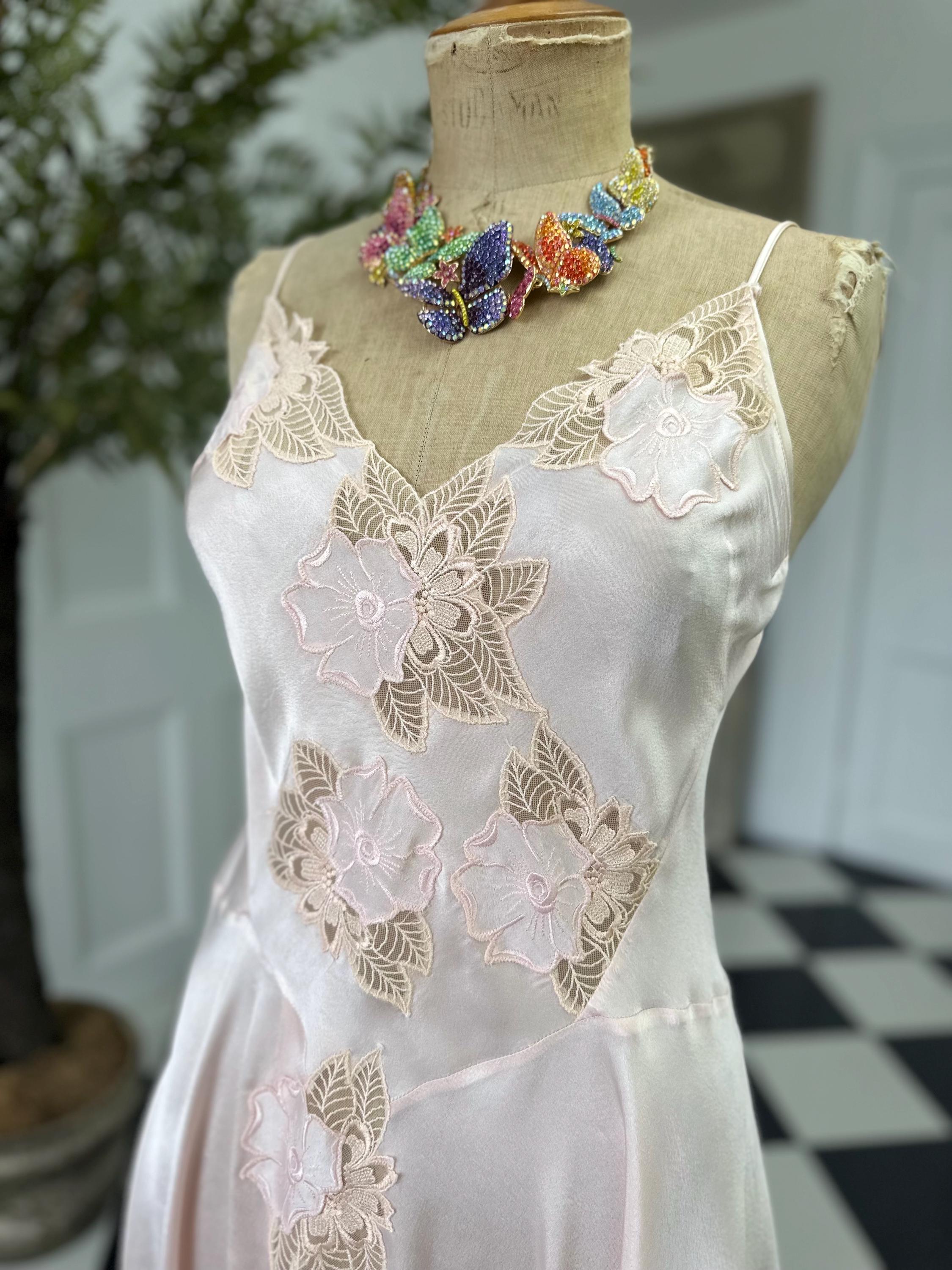 Vintage Pink Mini Silk Slip with Lace - Sexy Front Split with thin Straps