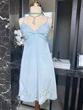 1970s baby blue short satin slip dress with embroidery to the front.