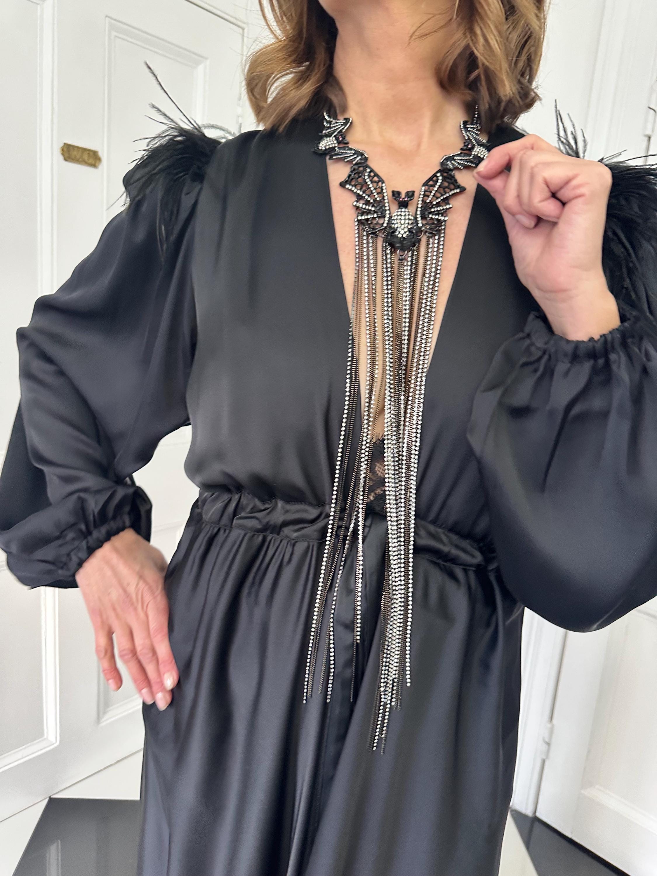 Vintage 1940s style black maxi gown robe with ostrich feather
