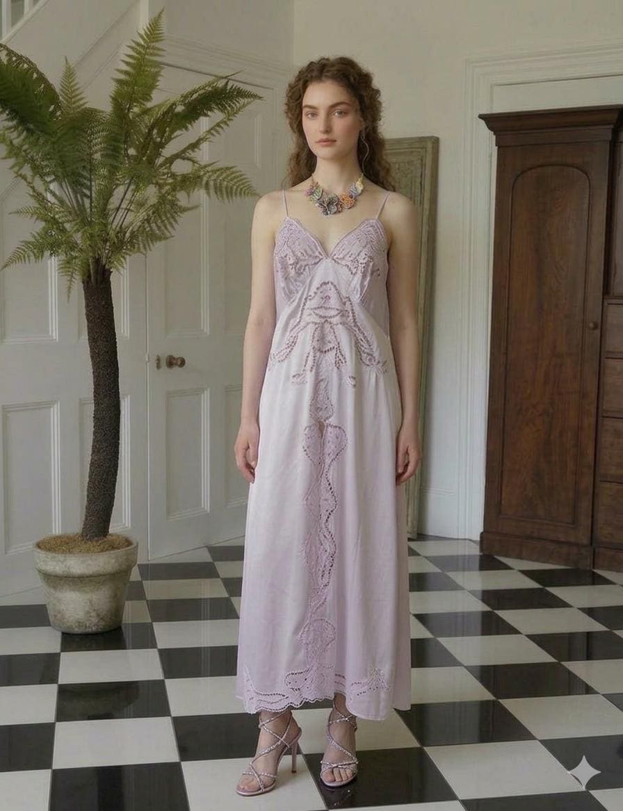 Vintage very sexy lilac cutout lace long slip