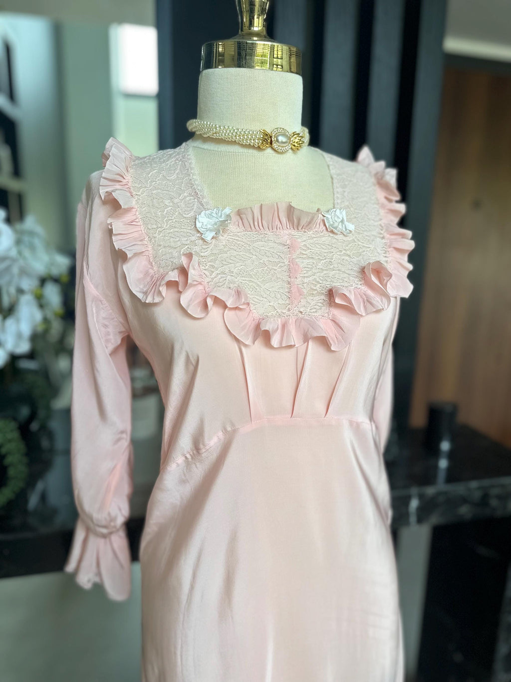 Vintage 1940s Pink Rayon Maxi Dress – Lace Ruffle Bodice, Victorian Sleepwear Gown