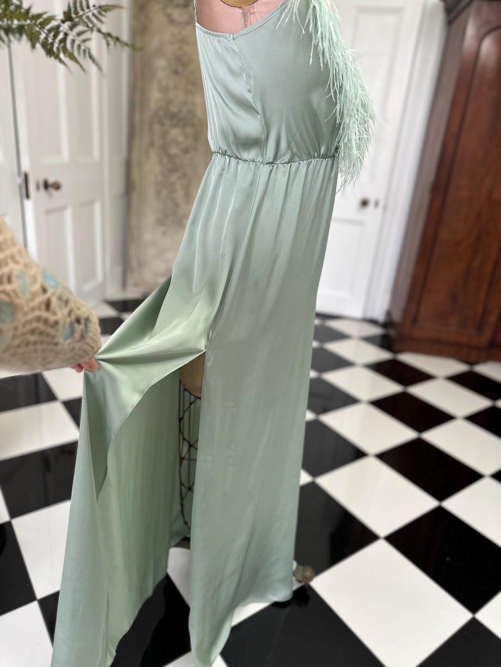 1930s style sage green  ostrich feather satin gown
