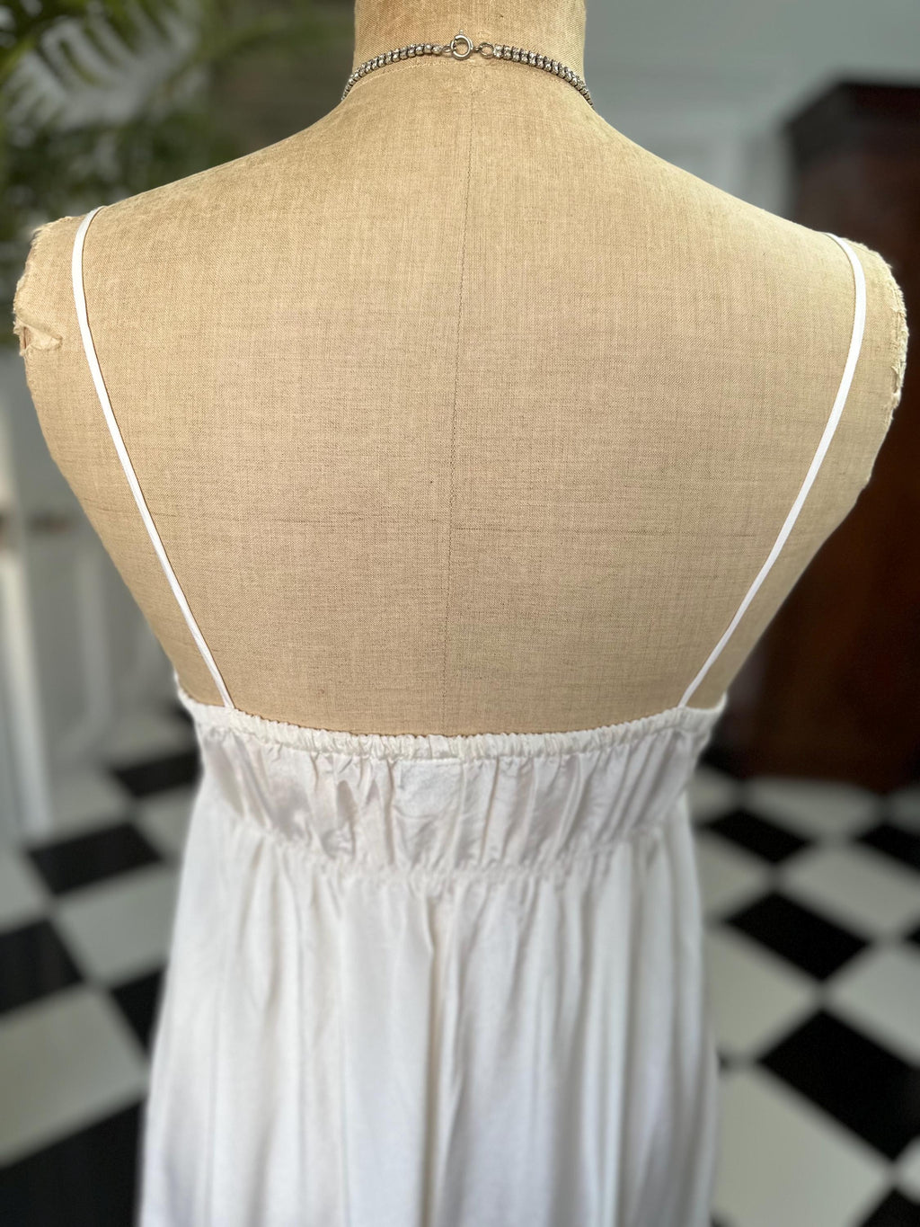 1970 long sexy slip dress with cutout lace details in off white