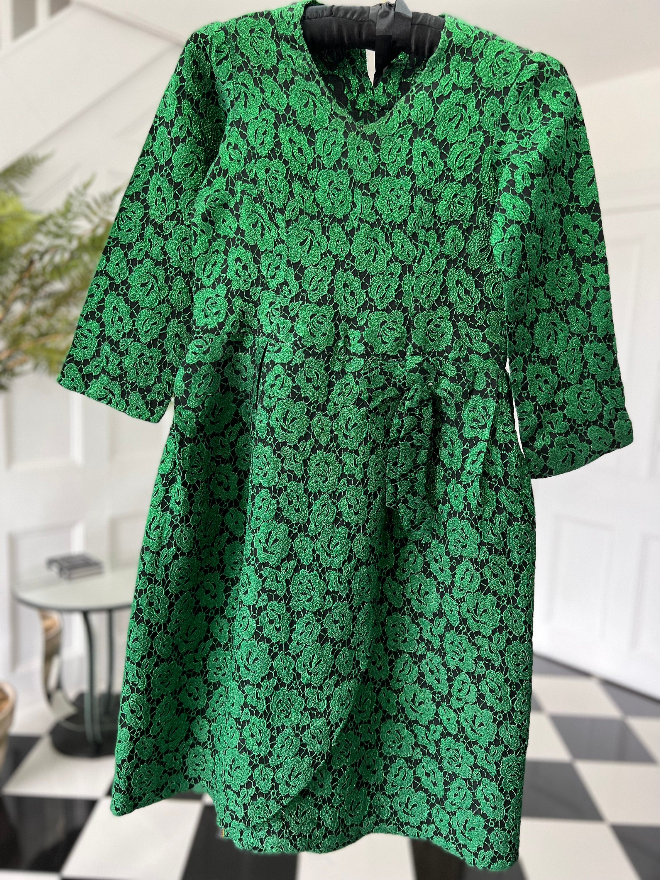 1950s 1960s Vintage lame emerald green cocktail dress