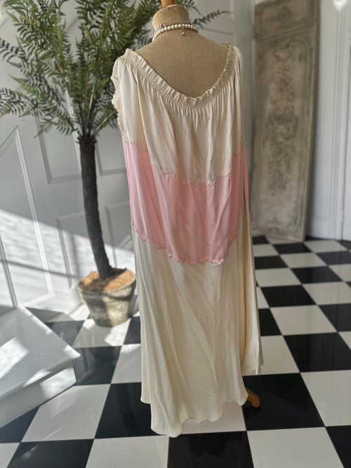 1930s Two-Tone Silk Gown: Pink, Cream, Hand-Embroidered, Scalloped Maxi Dress