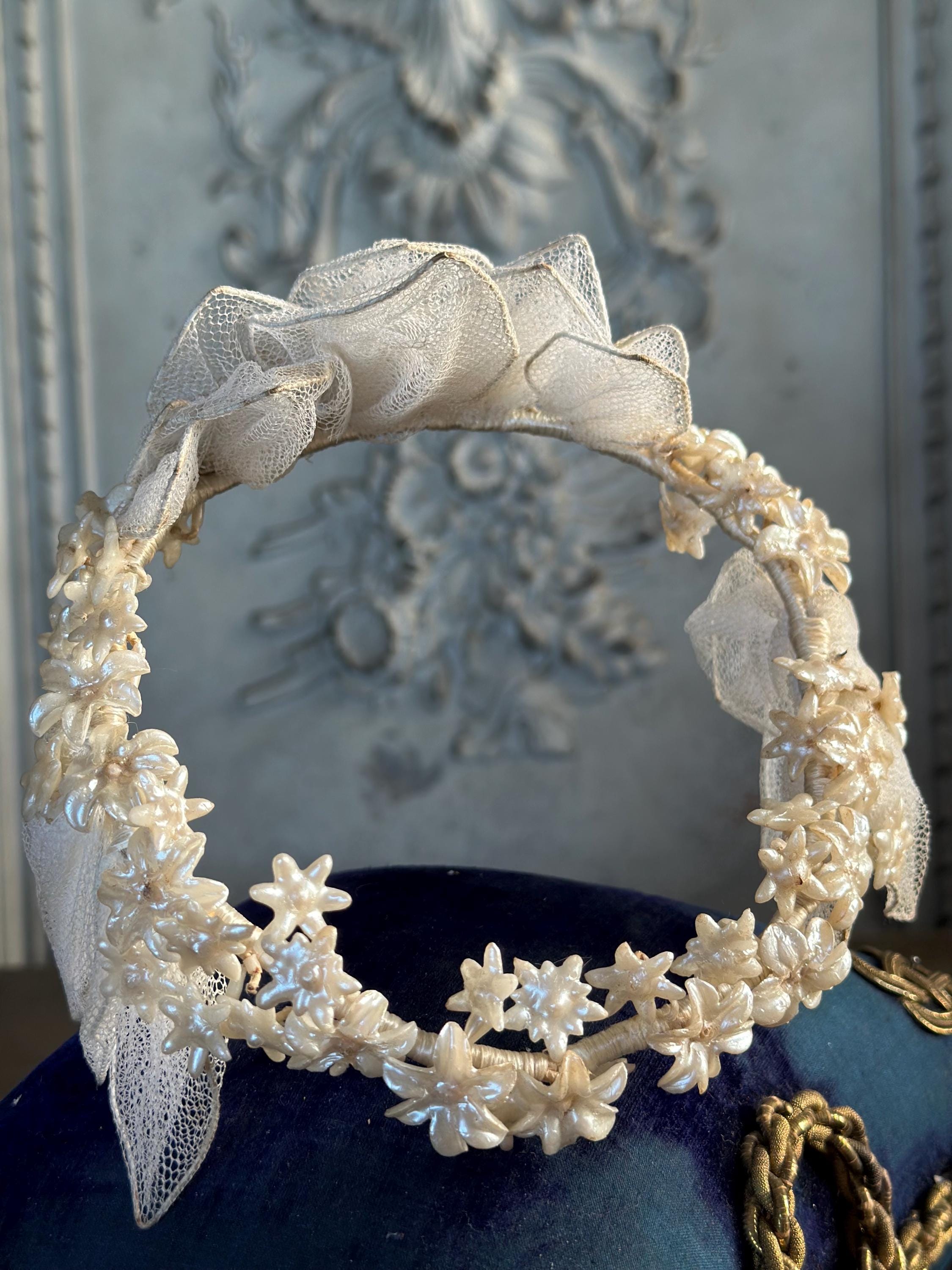 Antique 1940s  Floral Wax Tiara with tulle