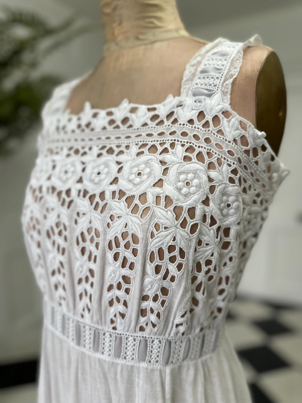 1910s Edwardian white embroidered lace  under dress with grey ribbon details