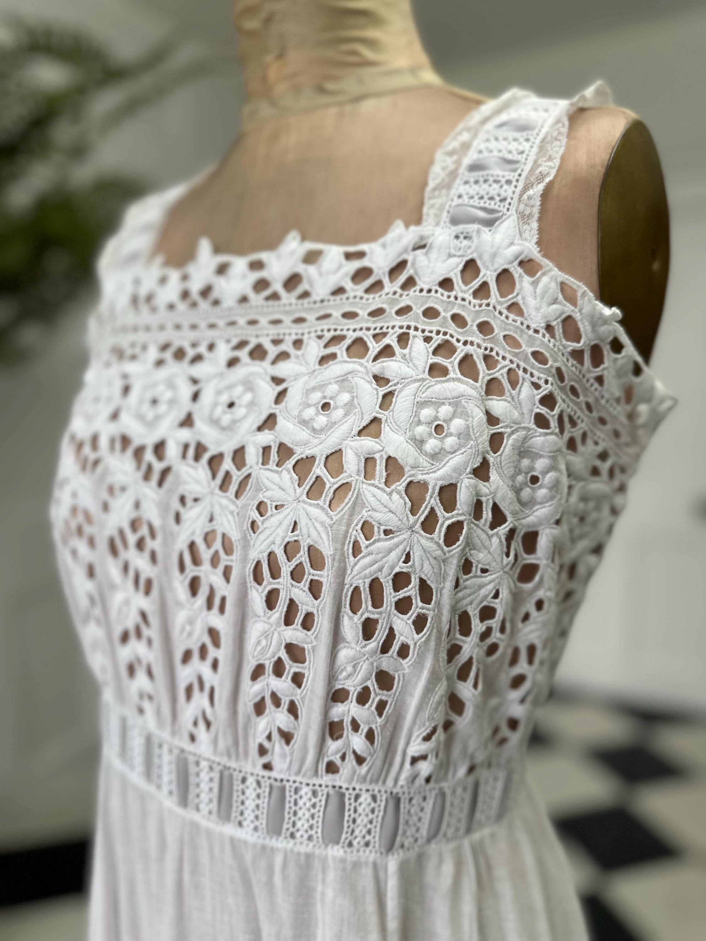 1910s Edwardian white embroidered lace  under dress with grey ribbon details