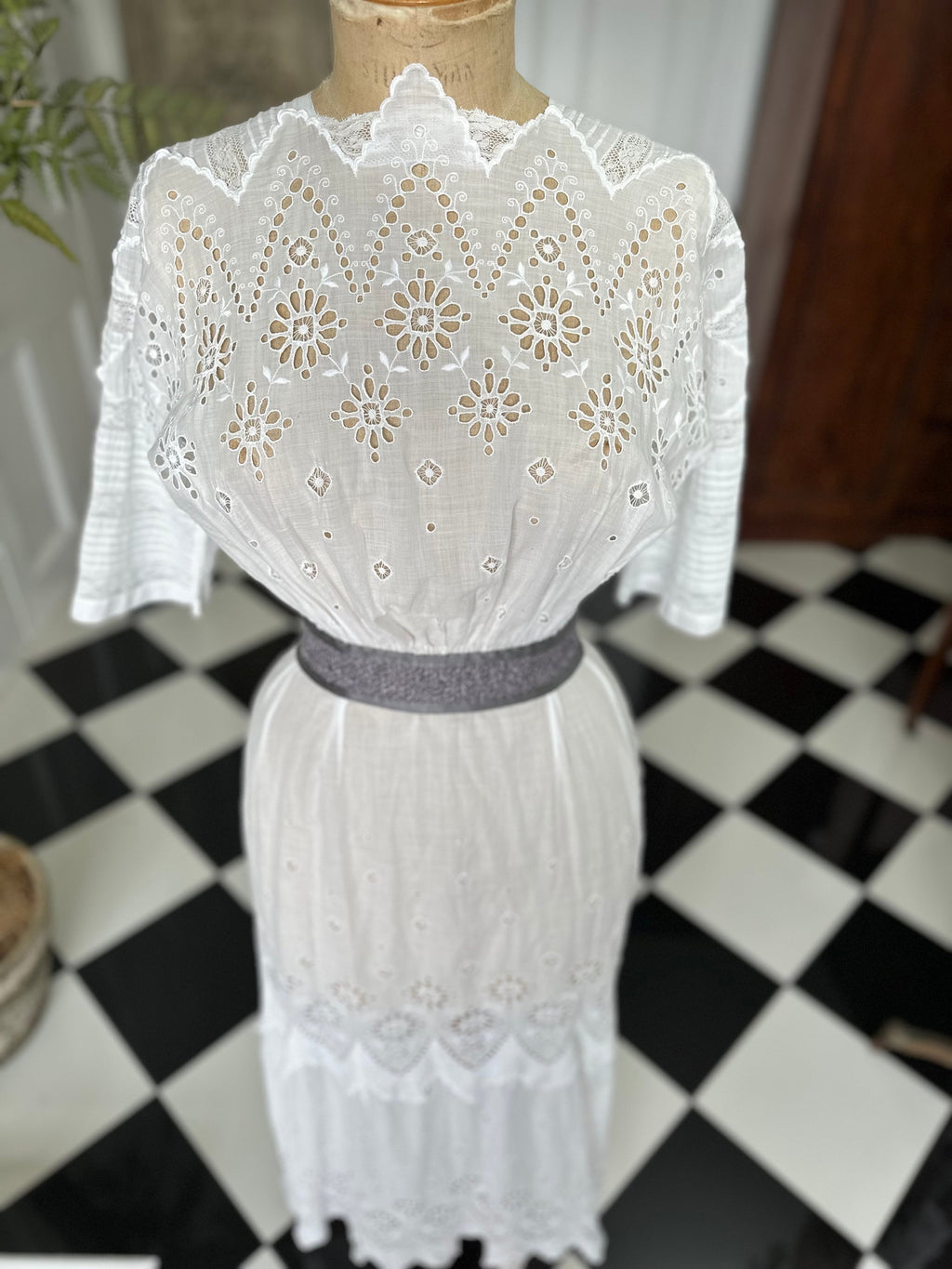Antique Edwardian white broderie anglaise cotton lawn dress hand embroidered details.
