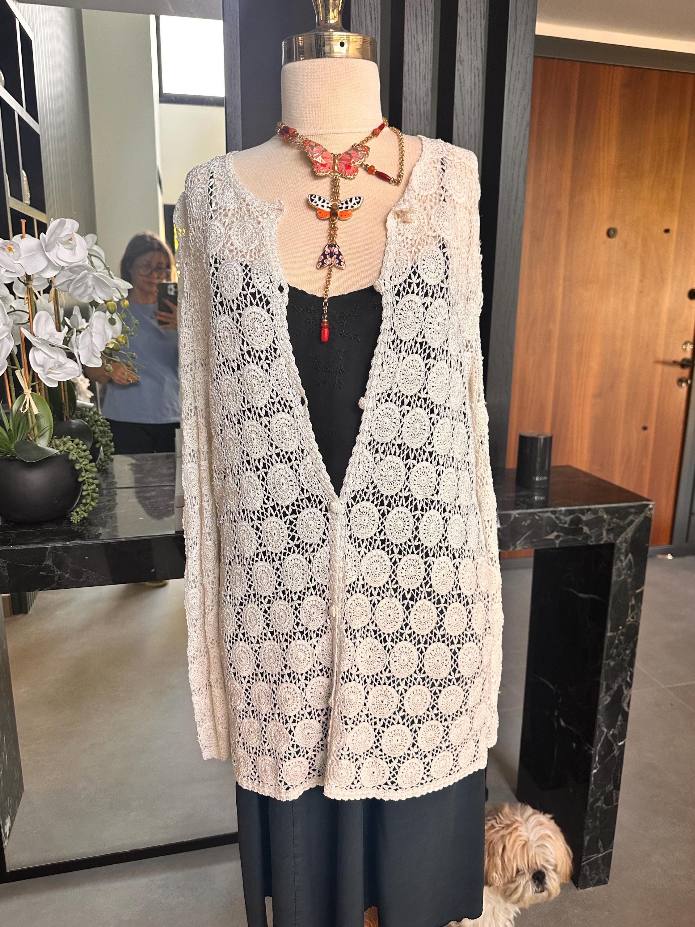 Hand Crocheted White Cardigan – Boho Medallion Lace Jacket, Cotton Blend Summer Knitwear