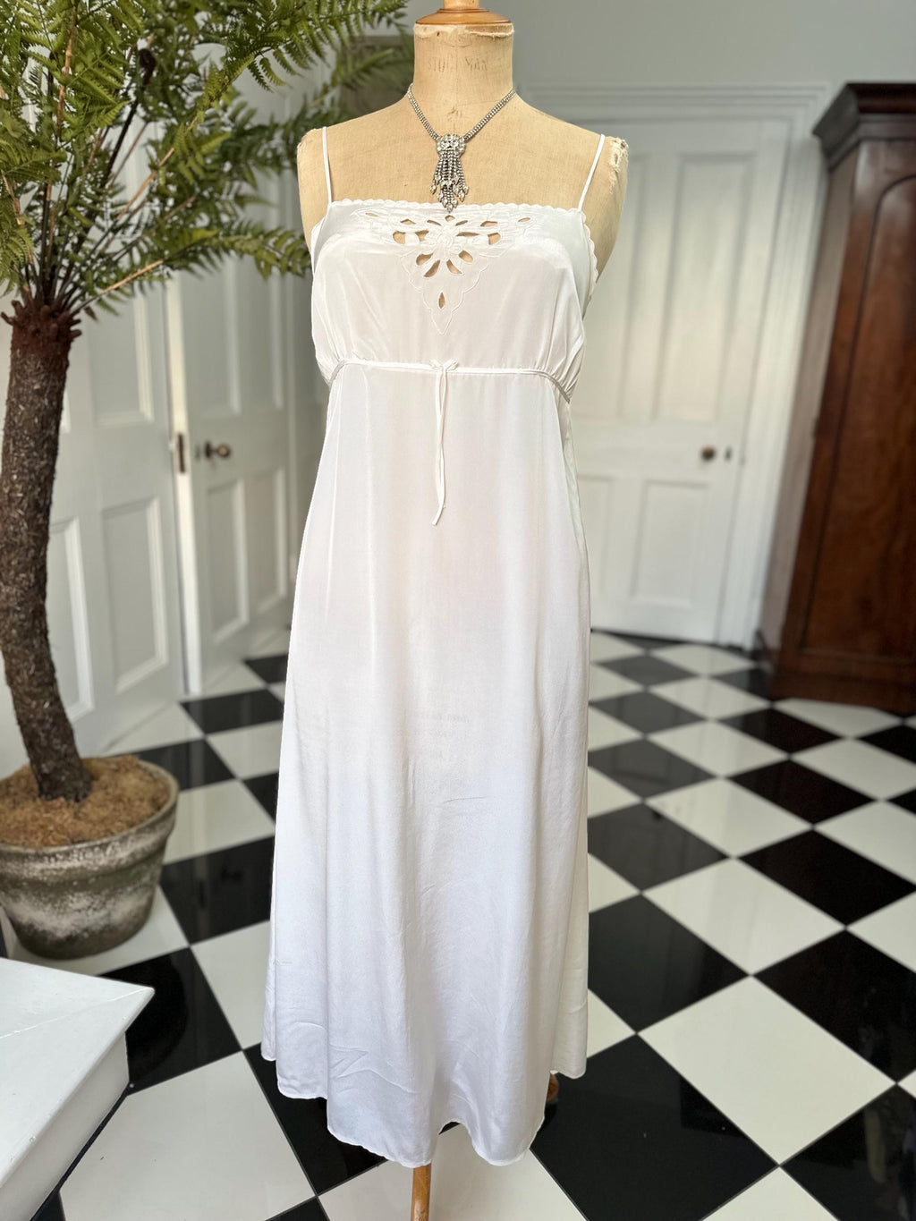 1970 long sexy slip dress with cutout lace details in off white