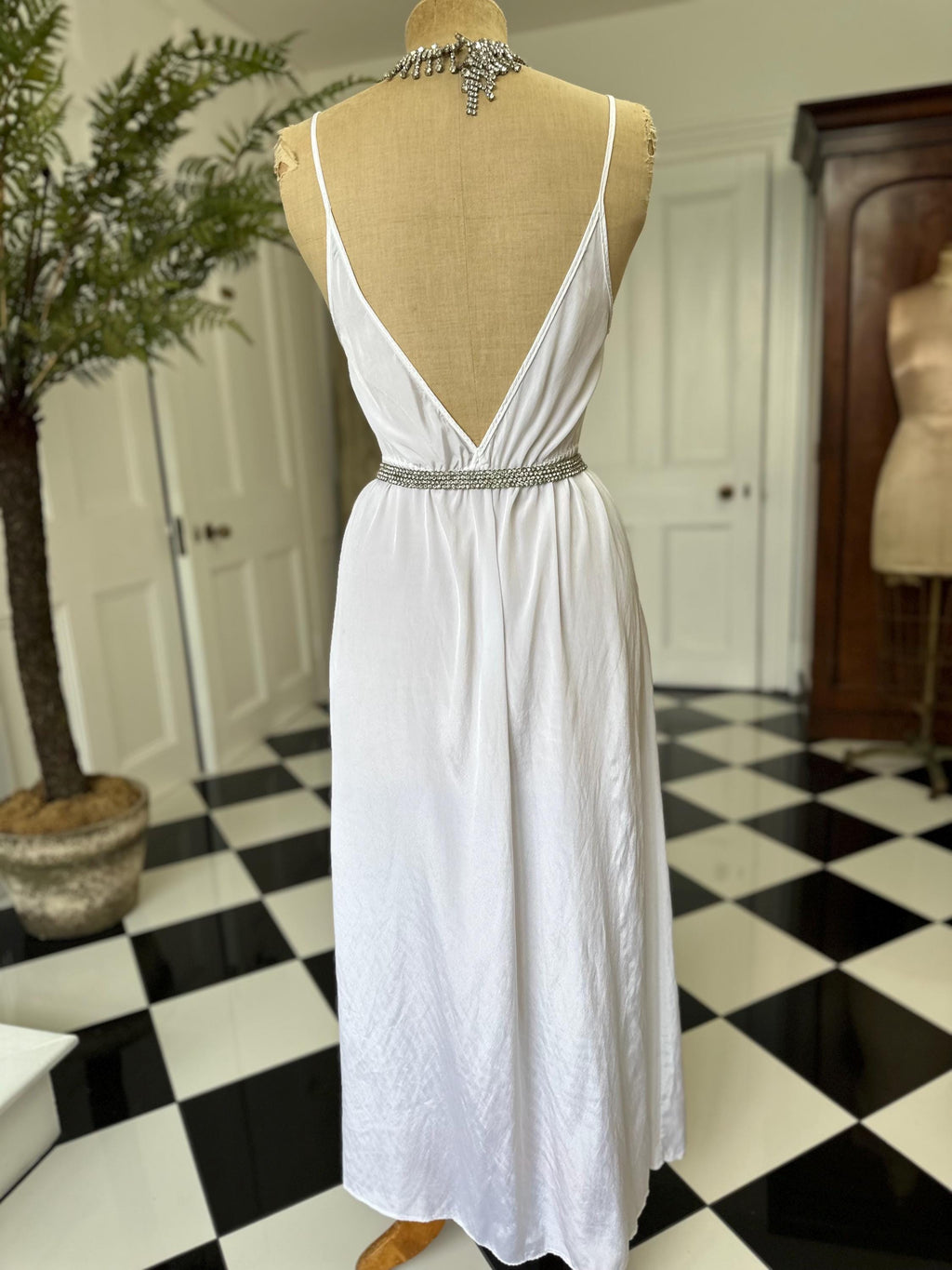 Vintage Long White Silk Slip with Lace Detailing