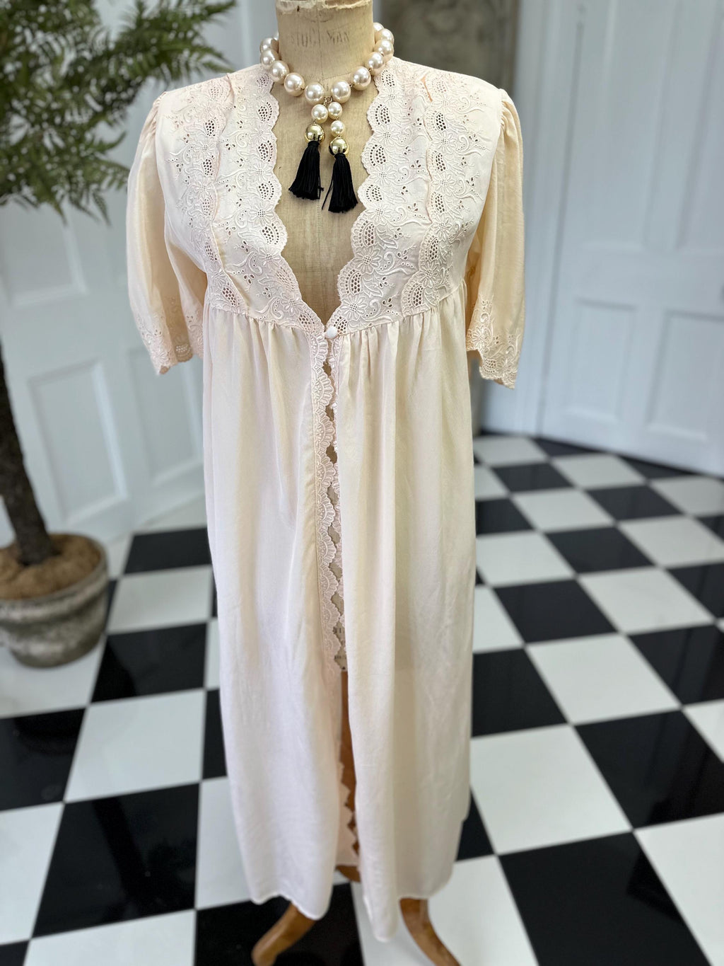 Vintage 1970 Peach Gown robe  Elegant Embroidery Sultry Details