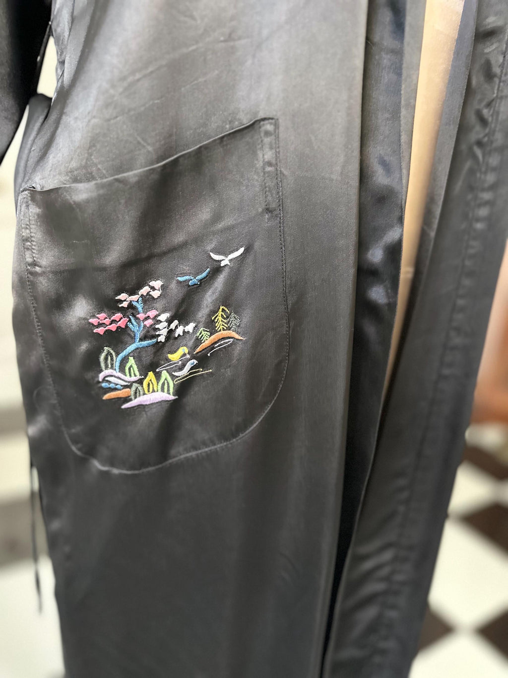 Vintage 1970 black satin embroidered kimono