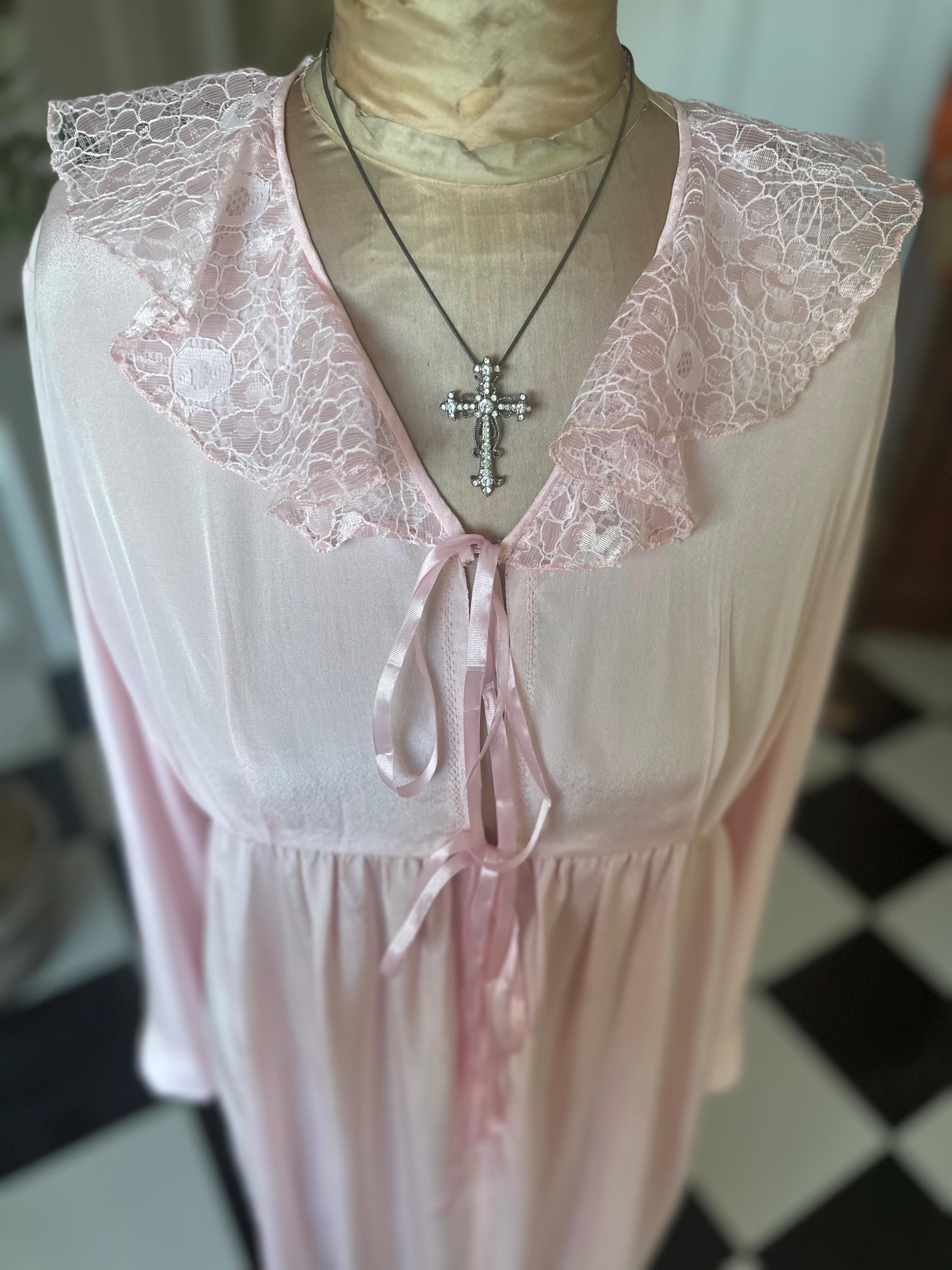 1970s Pink silky and lace long gown house coat