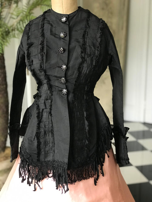 1860s Victorian Black Silk Bodice Jacket with Passementerie