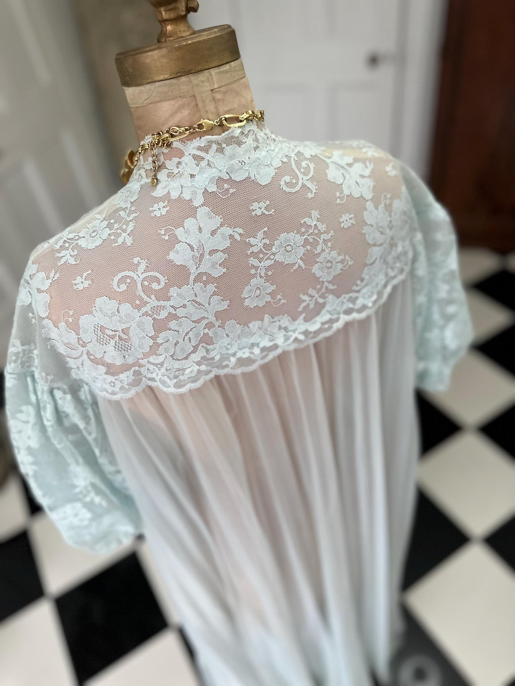 1970s Pale Blue Sheer Peignoir with Pleated Skirt and Lace Top