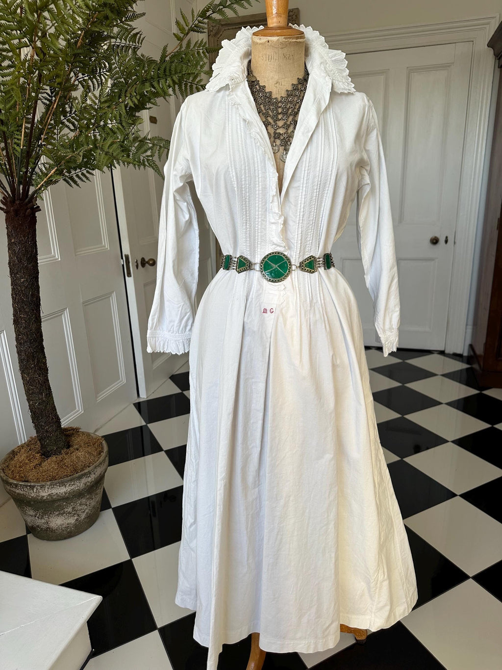Victorian Edwardian long night shirt dress with large collar and monogram of MG