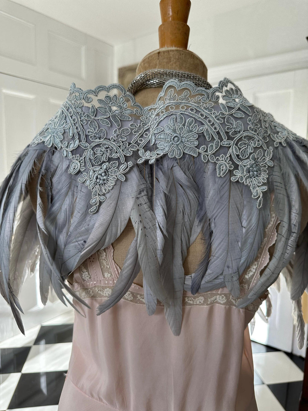 1920s 1930s Vintage style grey feather and lace cape bolero