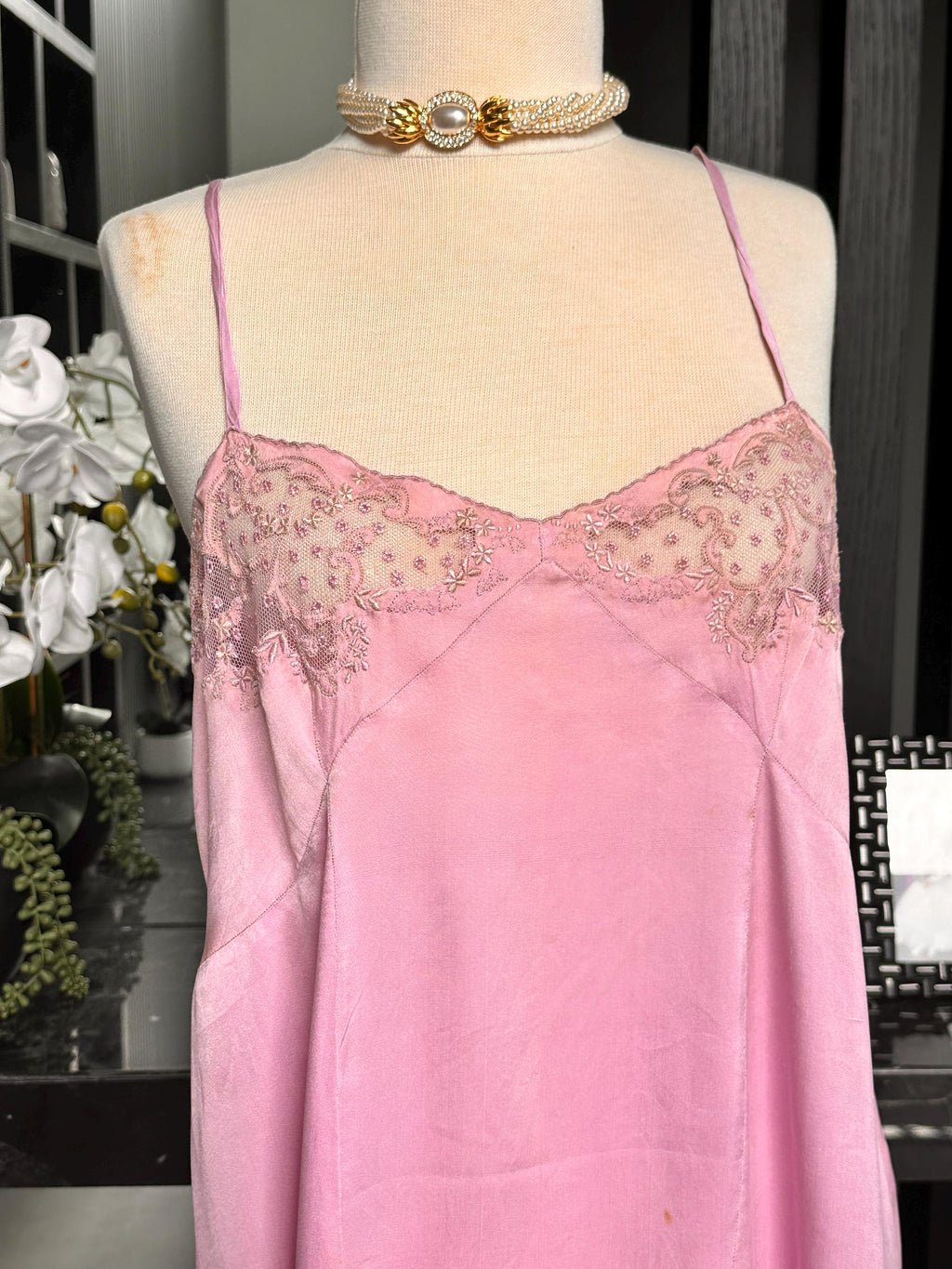 Large size. Antique 1930s Lilac Silk Slip – Authentic Lace embroidery Inset Bias-Cut