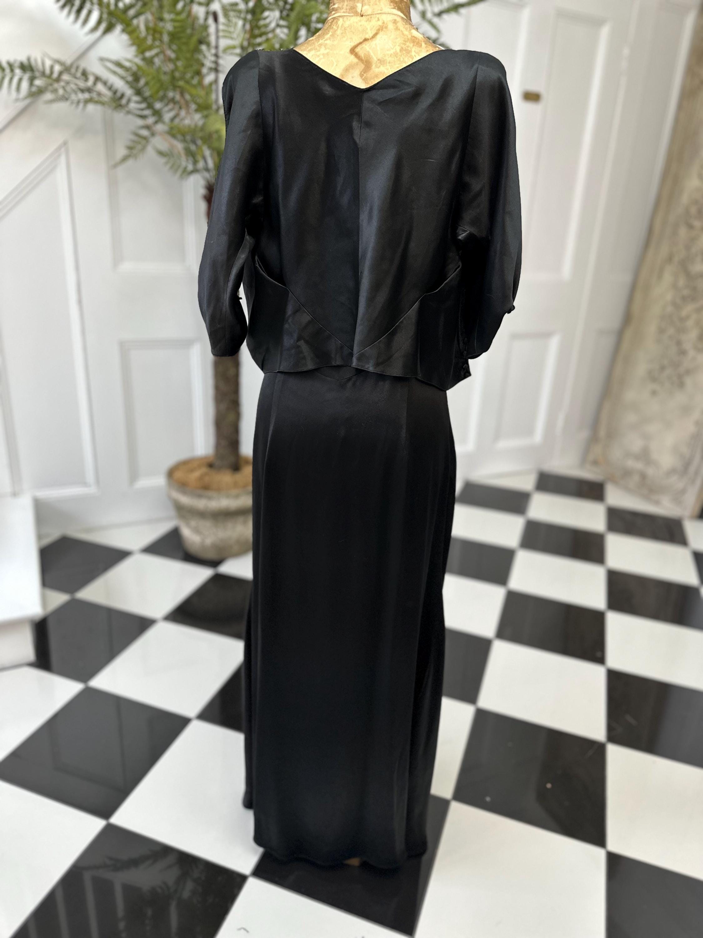 1930s Bias cut silk satin black slip dress with matching bolero
