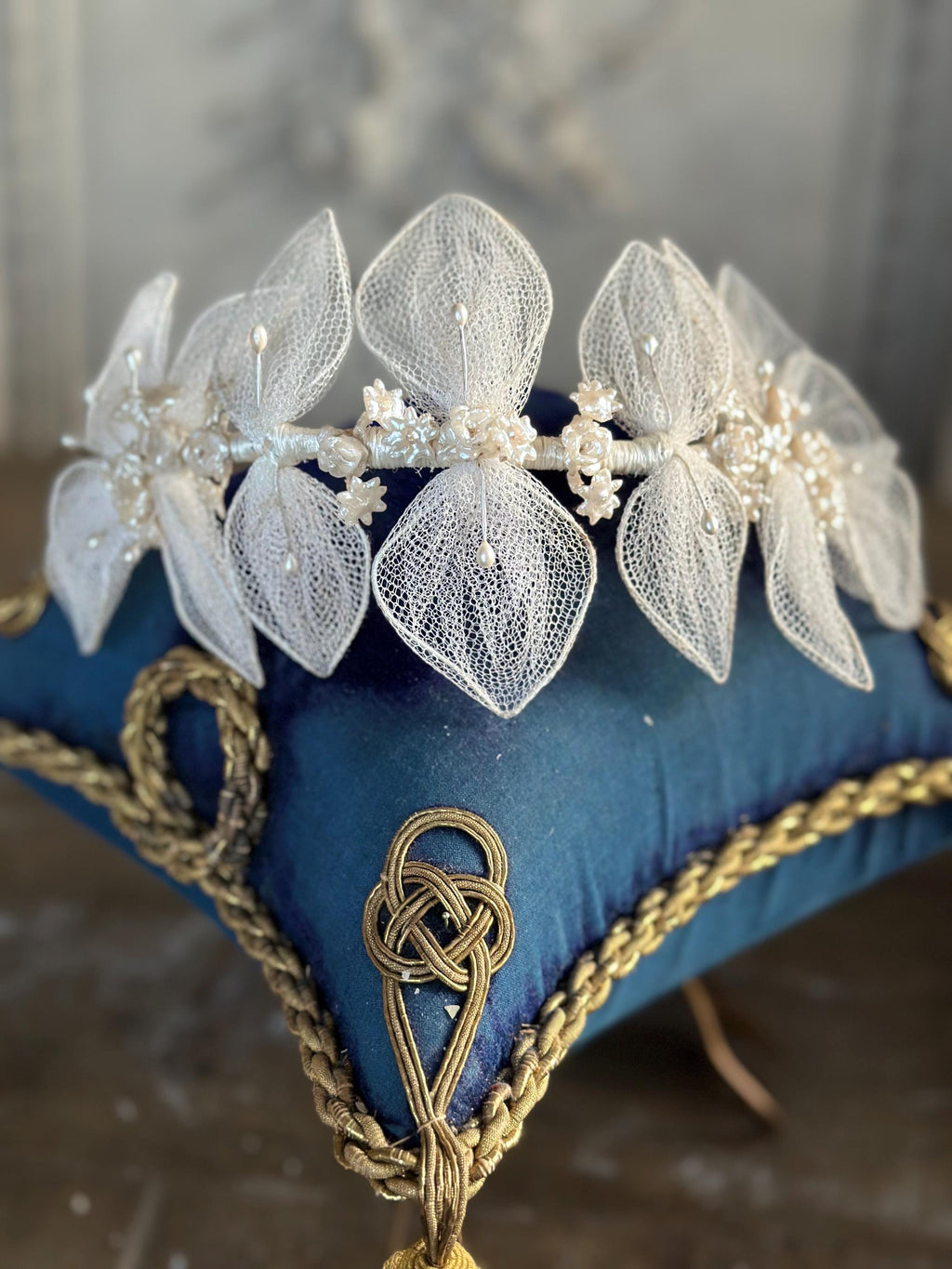 Antique 1940s  Floral Wax Tiara with tulle