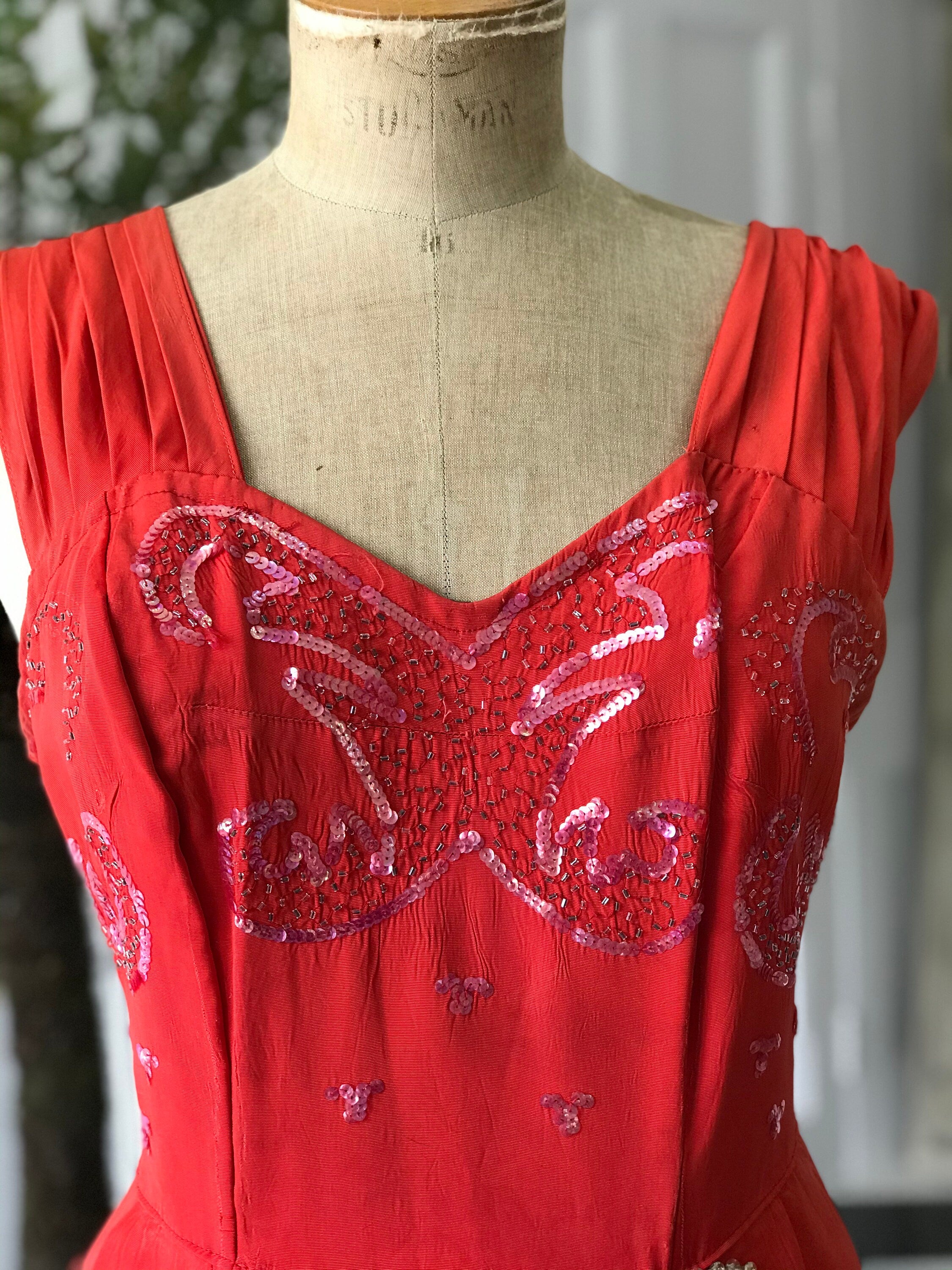1940s Red Taffeta Evening Dress: Sequin Old Hollywood Gown (UK 12/14)