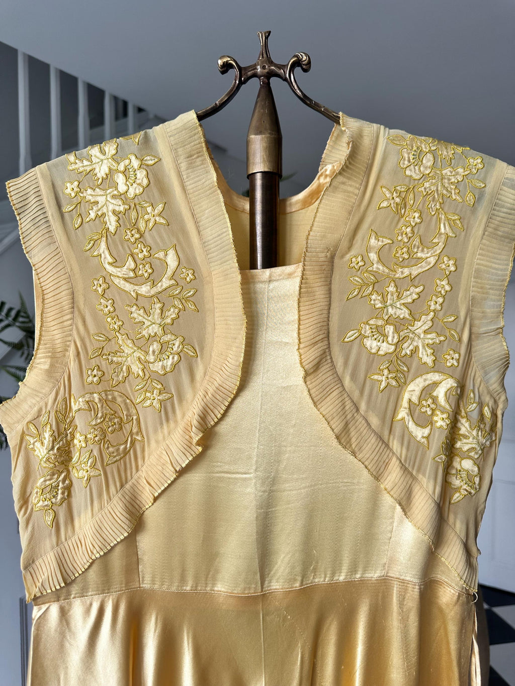 Vintage 1930s yellow Liquid Silk  Hand-Embroidered Charmeuse Bias Cut Gown slip dress